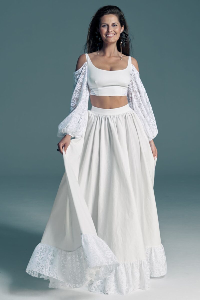 Ekologiczna suknia ślubna z bufiastymi rękawami - komplet