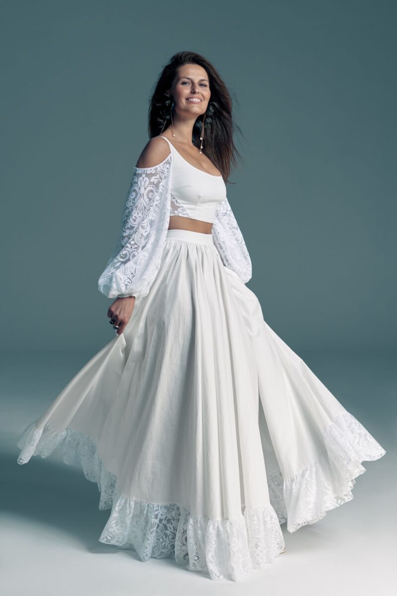 Ekologiczna suknia ślubna z bufiastymi rękawami - komplet