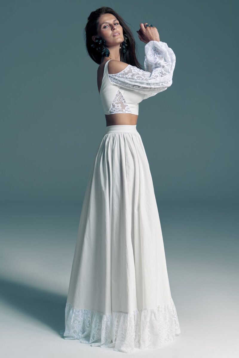 Ekologiczna suknia ślubna z bufiastymi rękawami - komplet