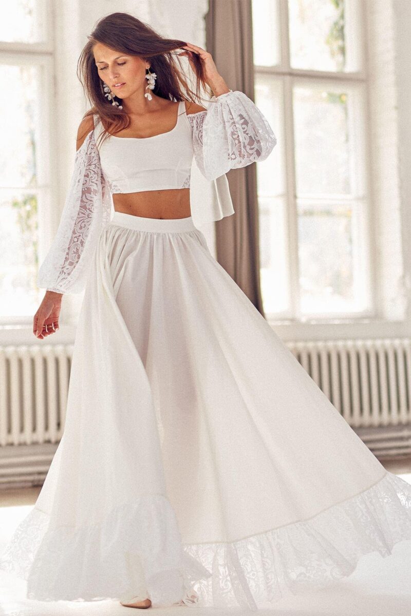 Ekologiczna suknia ślubna z bufiastymi rękawami - komplet
