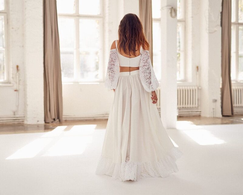Ekologiczna suknia ślubna z bufiastymi rękawami - komplet