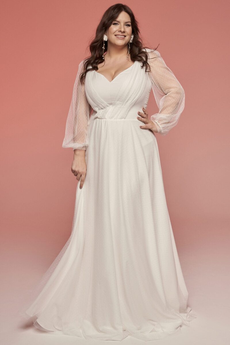 Kobieca suknia ślubna z lejącego szyfonu i tiulu w kropeczki Barcelona 28