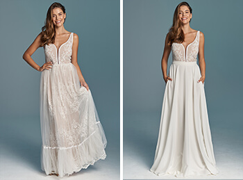 2 wersje sukni ślubnej. jedna z koronkową spódnic, 2 z gładką spódnicą